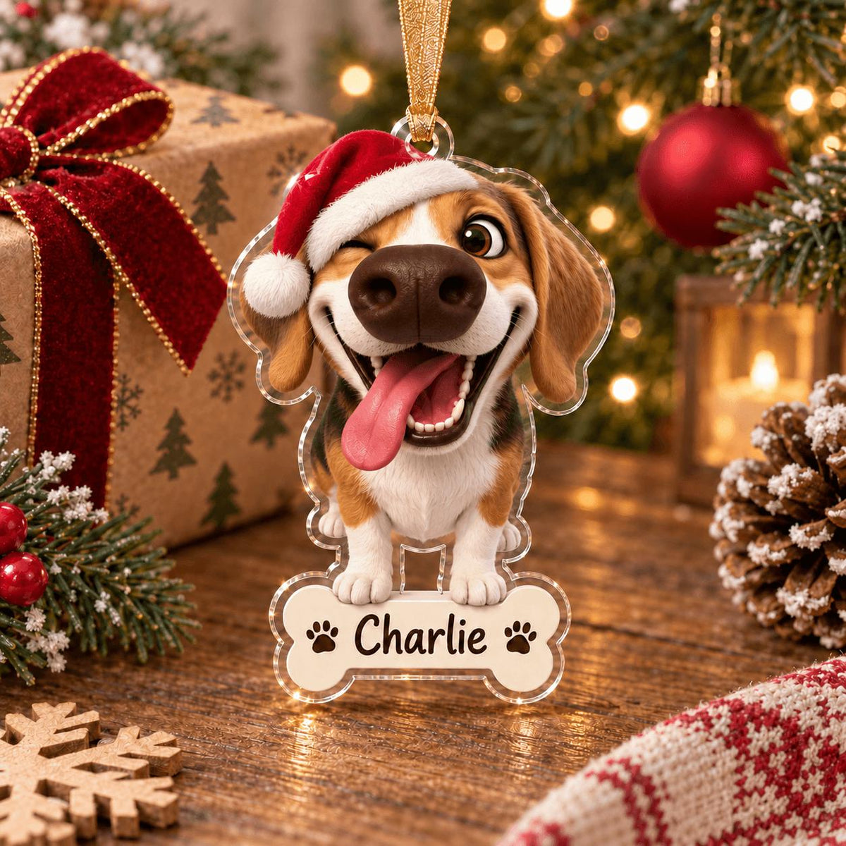 May include: A clear acrylic Christmas ornament shaped like a beagle wearing a red and white Santa hat. The dog has a wide, happy expression with its tongue out. Below the dog is a bone-shaped plaque with the name Charlie and two paw prints.