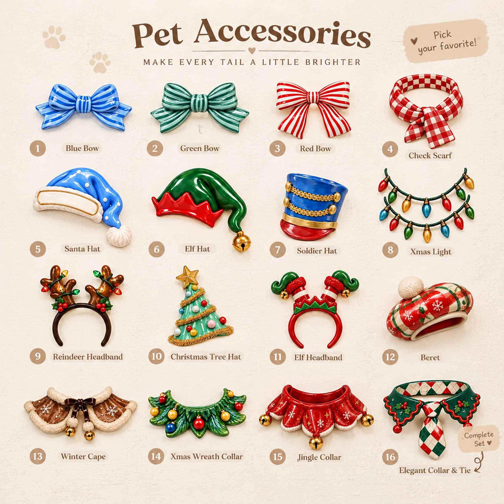 May include: A collection of sixteen pet accessories labeled with numbers one through sixteen, including bows, hats, headbands, scarves, and collars with holiday themes like Santa hats, reindeer antlers, Christmas trees, and festive wreaths.
