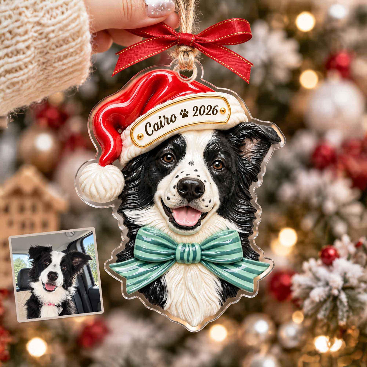 May include: A clear acrylic ornament shaped like a Border Collie wearing a red Santa hat and a green striped bow tie. The hat features the text Cairo 2026 with a paw print. A red ribbon is tied at the top for hanging. A small photo of the dog is included.