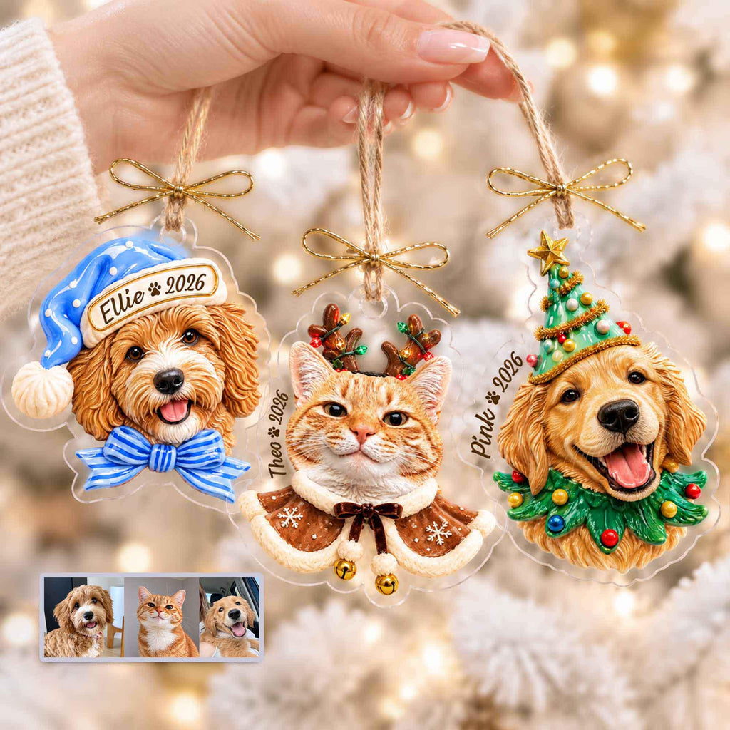 May include: Three custom pet Christmas ornaments featuring a dog in a blue hat with the name Ellie 2026, a cat with reindeer antlers and the name Theo 2026, and a dog in a Christmas tree hat with the name Pink 2026, all hanging by gold twine.