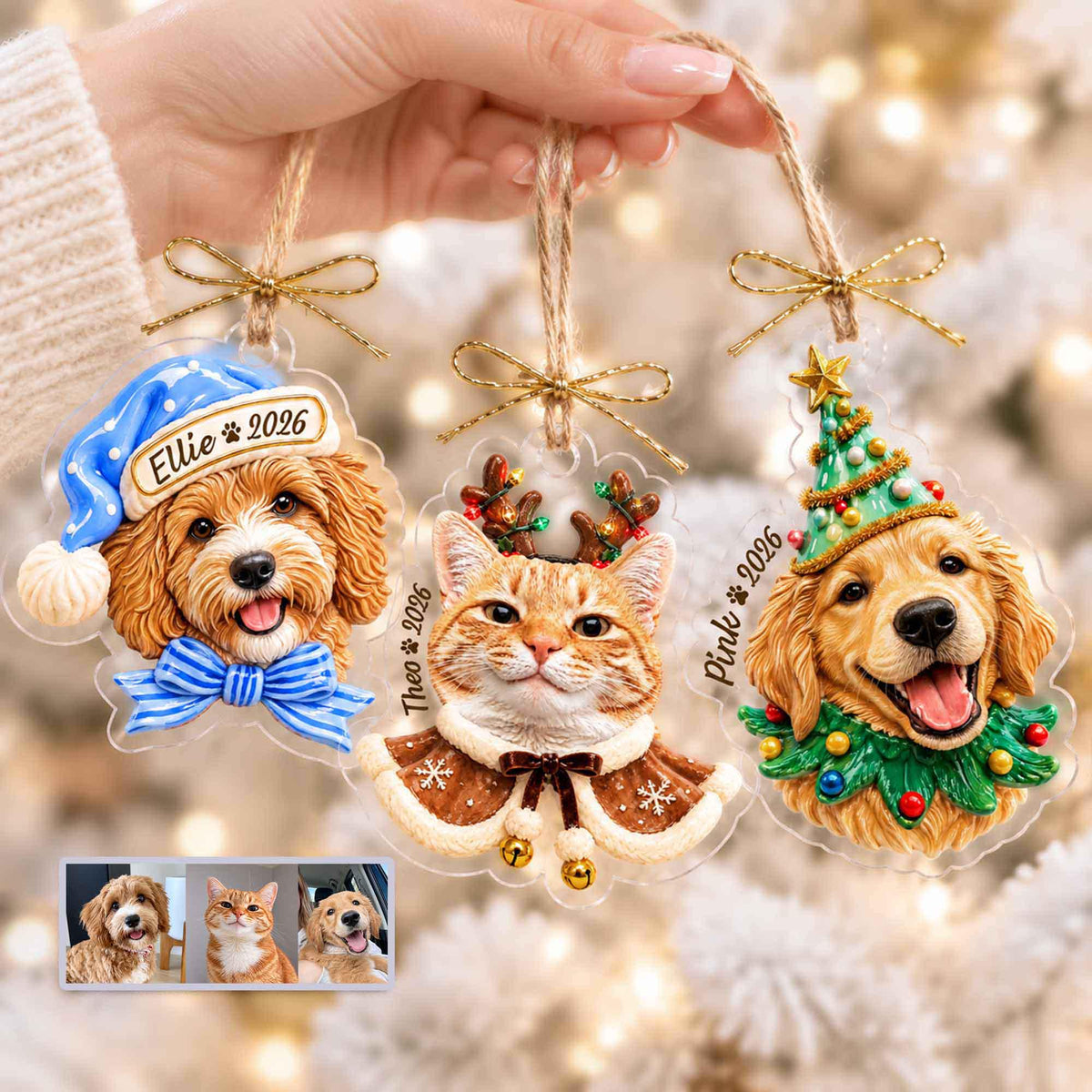 May include: Three custom pet Christmas ornaments featuring a dog in a blue hat with the name Ellie 2026, a cat with reindeer antlers and the name Theo 2026, and a dog in a Christmas tree hat with the name Pink 2026, all hanging by gold twine.