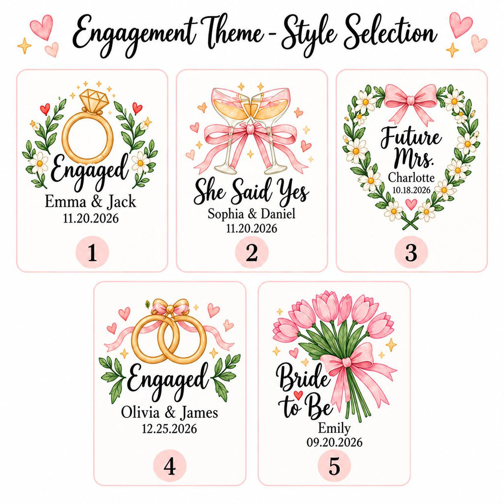 May include: Five rectangular cards labeled Engagement Theme - Style Selection. Designs include an engagement ring, champagne flutes, a floral heart with Future Mrs., two interlocking rings, and a tulip bouquet with Bride to Be text.
