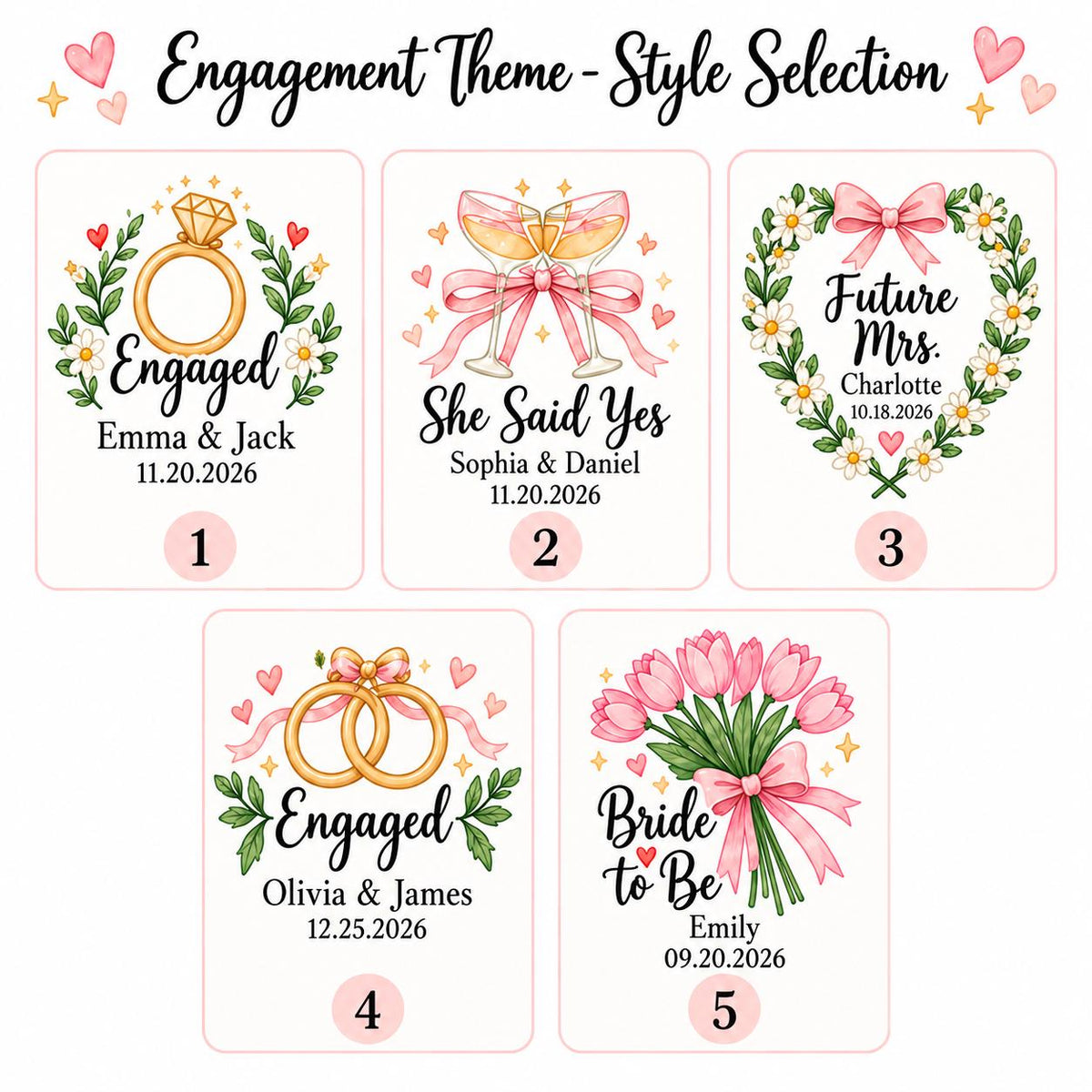 May include: Five rectangular cards labeled Engagement Theme - Style Selection. Designs include an engagement ring, champagne flutes, a floral heart with Future Mrs., two interlocking rings, and a tulip bouquet with Bride to Be text.