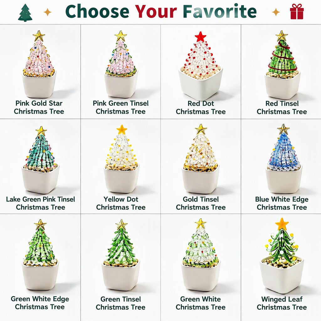 May include: A grid of twelve miniature Christmas tree ornaments in white square pots. Each tree features unique colors, including pink, red, green, blue, yellow, and gold, with various tinsel, dot, or leaf patterns and a star topper.