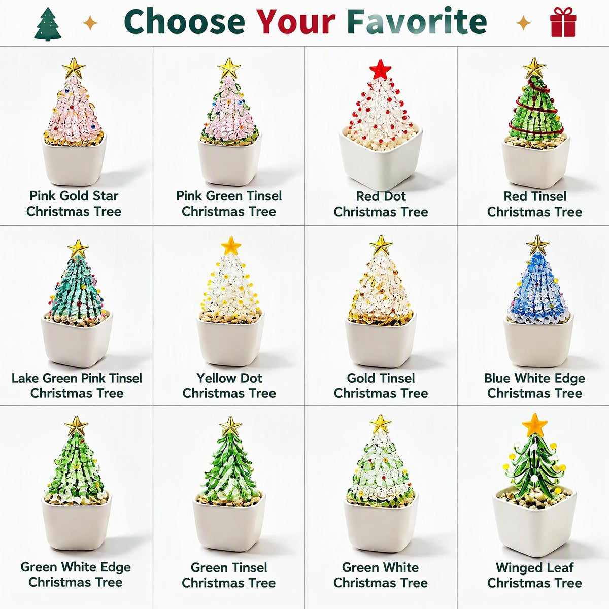 May include: A grid of twelve miniature Christmas tree ornaments in white square pots. Each tree features unique colors, including pink, red, green, blue, yellow, and gold, with various tinsel, dot, or leaf patterns and a star topper.