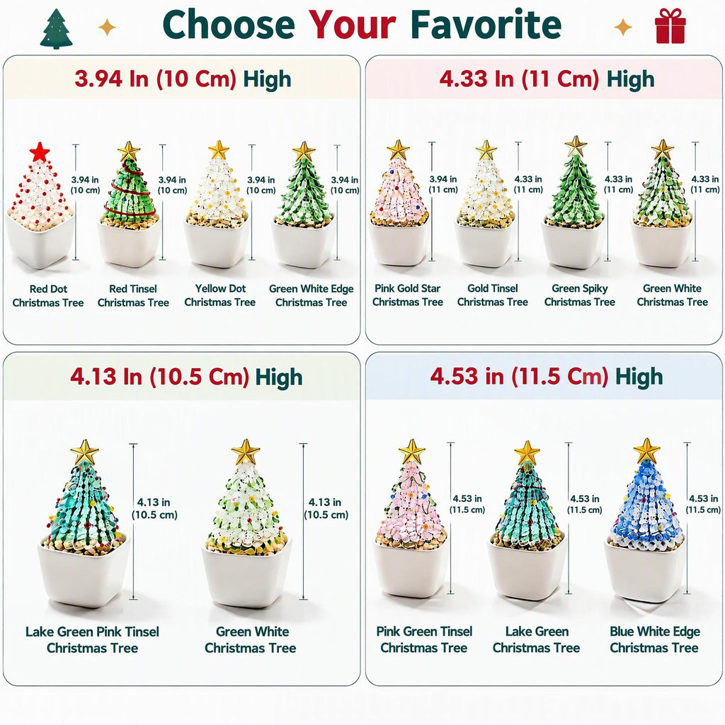 May include: A collection of miniature Christmas tree ornaments in white square pots, each topped with a gold or red star. Heights range from 3.94 inches to 4.53 inches. The trees feature various colors including green, pink, blue, gold, and white.