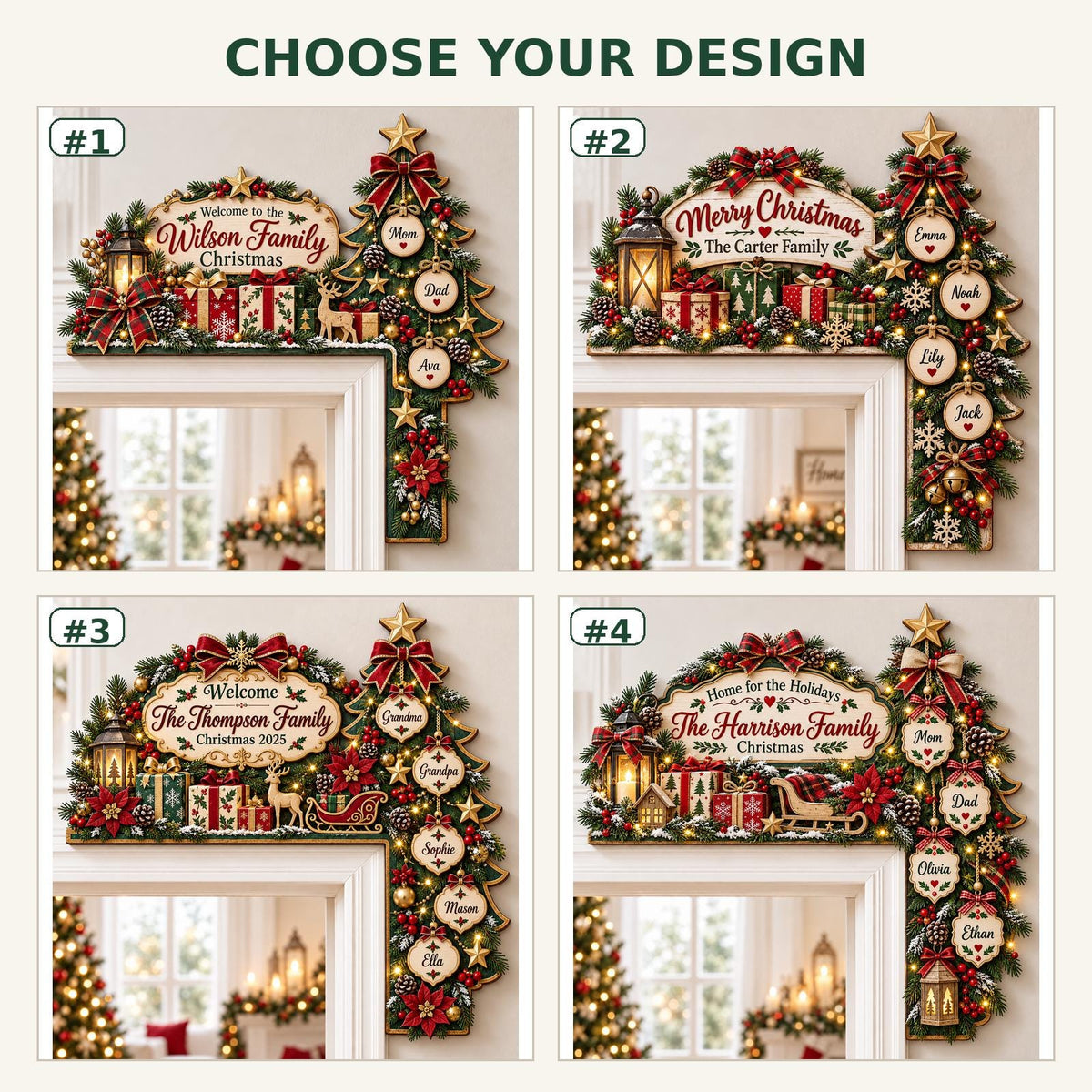 May include: Four L-shaped Christmas door corner decorations featuring evergreen branches, red bows, gift boxes, and a lantern. Each design includes a personalized family name sign and hanging ornaments with names on a vertical tree section.