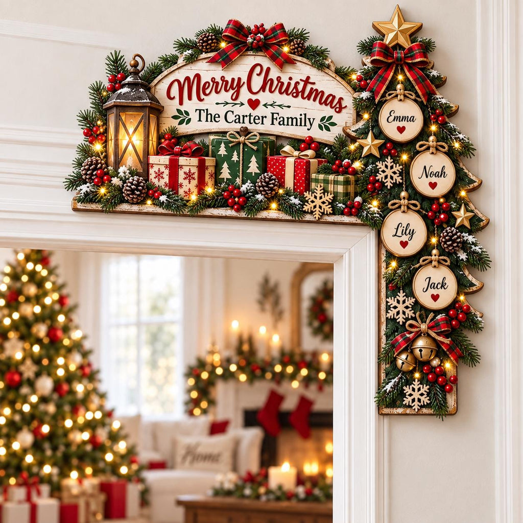 May include: A decorative Christmas door corner sign featuring a lit lantern, wrapped gift boxes, and pine branches. The sign reads Merry Christmas The Carter Family and includes four hanging ornaments personalized with the names Emma, Noah, Lily, and Jack.
