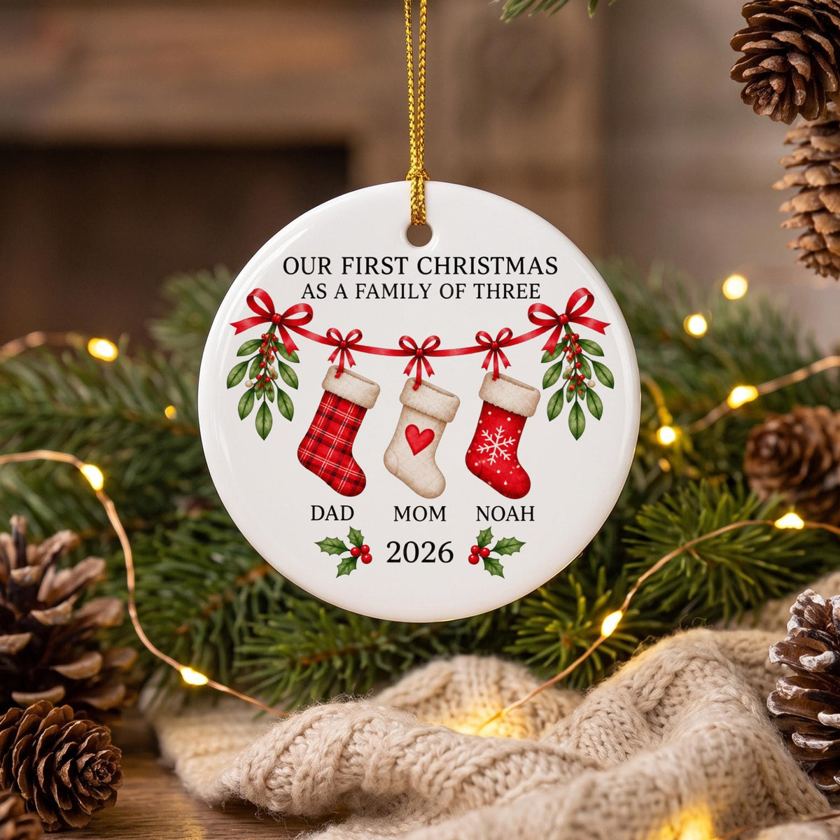 Personalized Family Christmas Ornament,Custom Name Stocking Ornament,Ceramic Family Keepsake,Christmas Gift for Parents