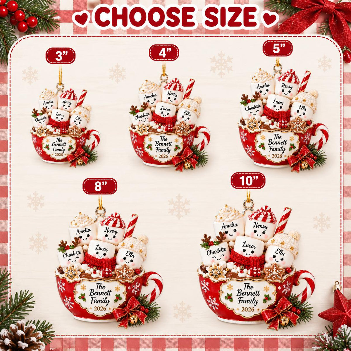 May include: Five red Christmas ornaments shaped like mugs filled with marshmallows, labeled 3", 4", 5", 8", and 10". Each mug features the text "The Bennett Family 2026" and is decorated with a candy cane handle, a red bow, and personalized marshmallow faces.