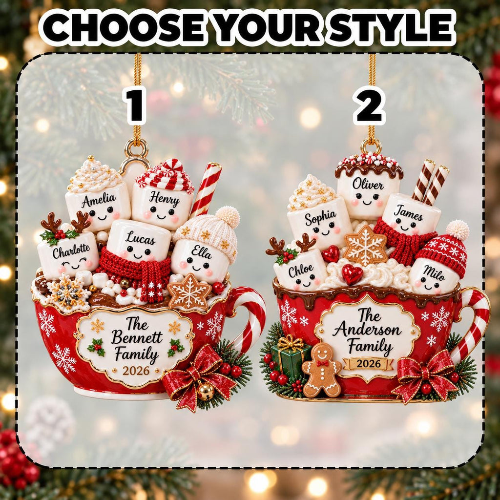 May include: Two red ceramic mug ornaments labeled 1 and 2, featuring marshmallow characters with names, candy canes, and snowflakes. The mugs are personalized with 'The Bennett Family 2026' and 'The Anderson Family 2026', decorated with bows and greenery.