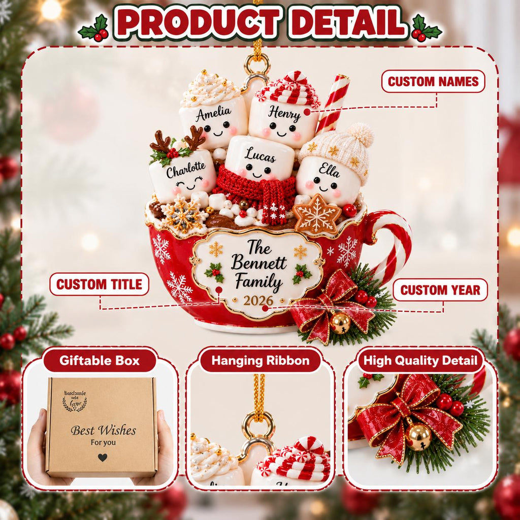 May include: A Christmas ornament shaped like a red mug filled with five marshmallow characters named Amelia, Henry, Charlotte, Lucas, and Ella. The mug features the text The Bennett Family 2026, a red bow, and a candy cane handle. Includes a gift box.