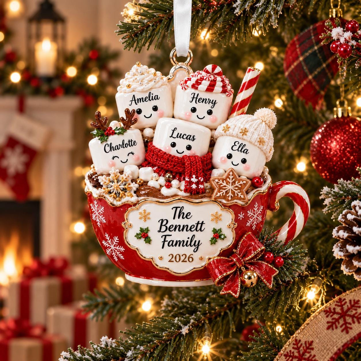 May include: A red ceramic mug Christmas ornament featuring five marshmallow characters with the names Amelia, Henry, Charlotte, Lucas, and Ella. The mug is decorated with snowflakes and the text The Bennett Family 2026, finished with a red bow.