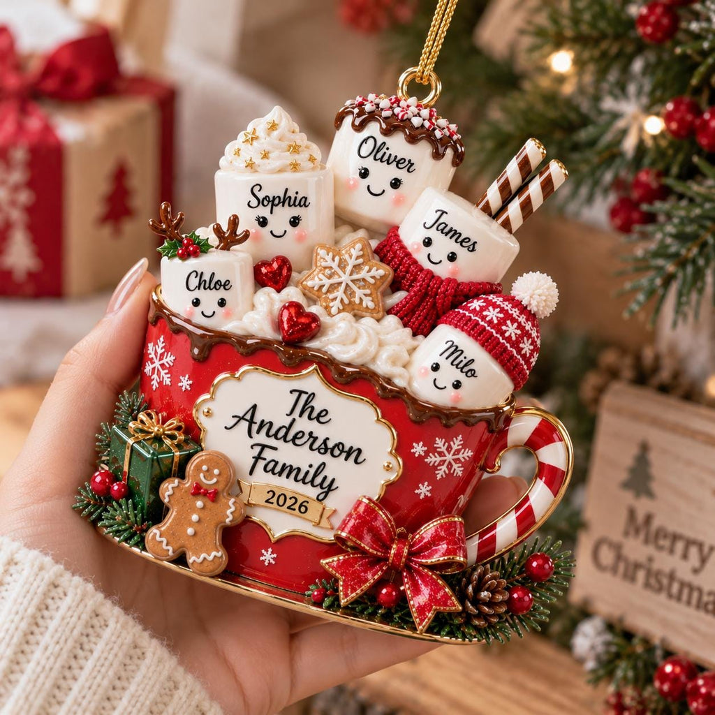 May include: A red Christmas ornament shaped like a mug filled with five marshmallow characters named Sophia, Oliver, James, Chloe, and Milo. The mug features the text The Anderson Family 2026, a gingerbread man, a green gift, and a red bow.
