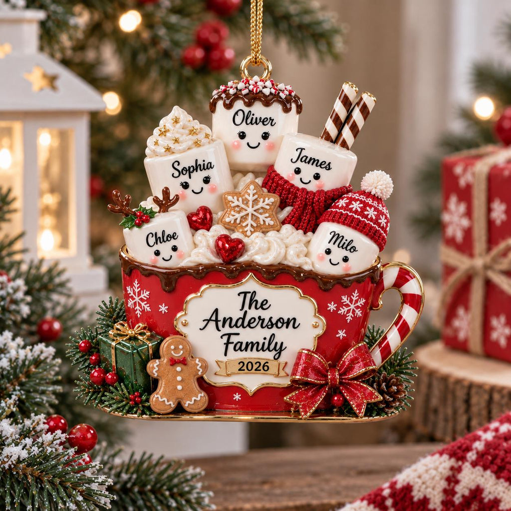 May include: A Christmas ornament shaped like a red mug filled with five marshmallow characters named Sophia, Oliver, James, Chloe, and Milo. The mug features the text The Anderson Family 2026, a gingerbread man, a green gift box, and a red bow.