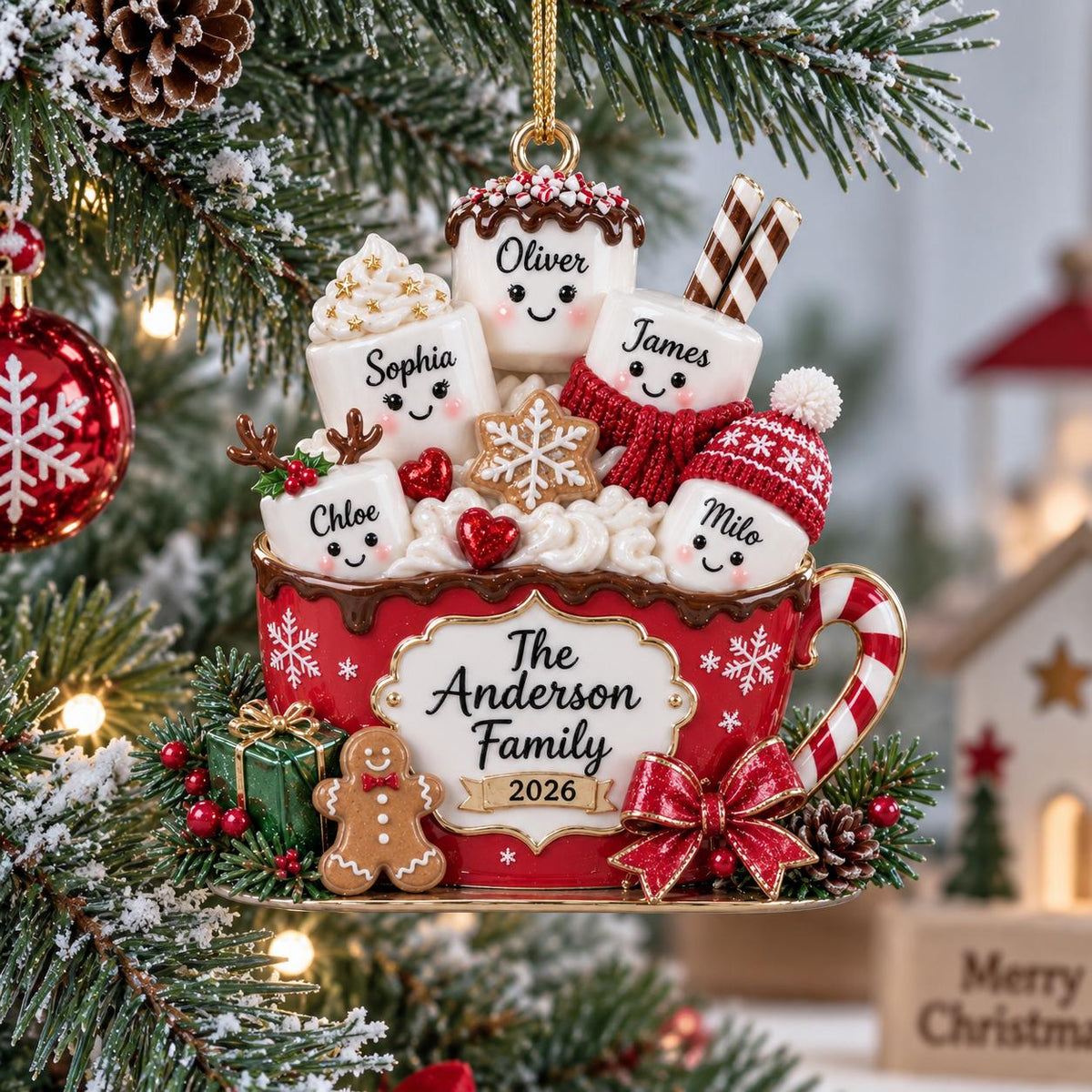 May include: A red ceramic mug Christmas ornament featuring five white marshmallow characters with the names Oliver, Sophia, James, Chloe, and Milo. The mug is decorated with a red bow, a gingerbread man, and the text The Anderson Family 2026.
