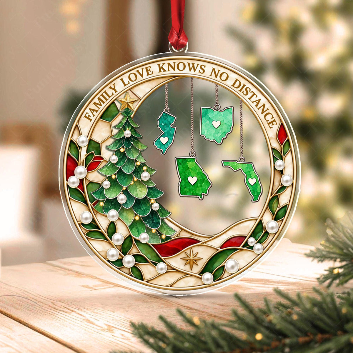 Personalized Family Christmas Ornament, Love Knows No Distance, State Hanging