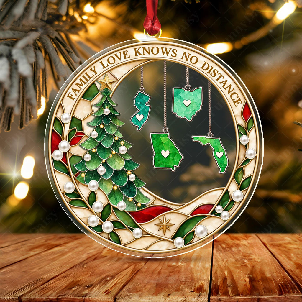 Personalized Family Christmas Ornament, Love Knows No Distance, State Hanging