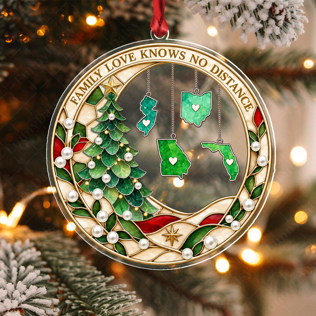 Personalized Family Christmas Ornament, Love Knows No Distance, State Hanging