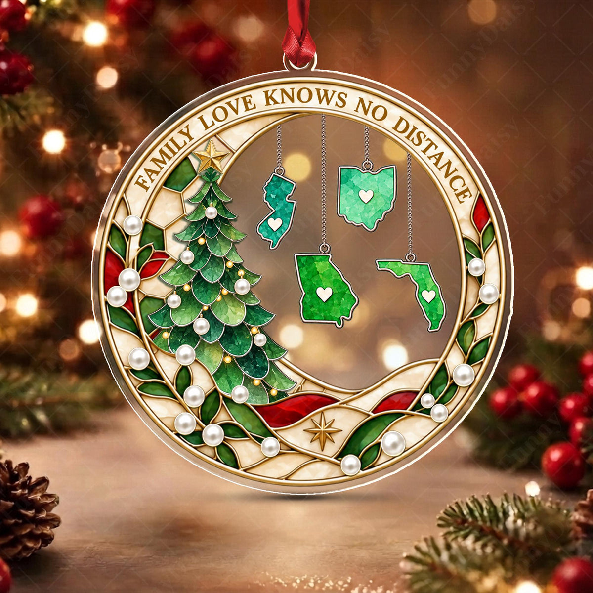 Personalized Family Christmas Ornament, Love Knows No Distance, State Hanging