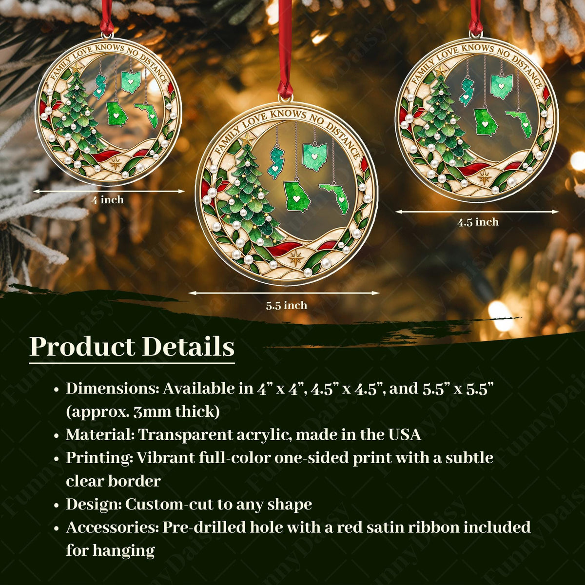 Personalized Family Christmas Ornament, Love Knows No Distance, State Hanging