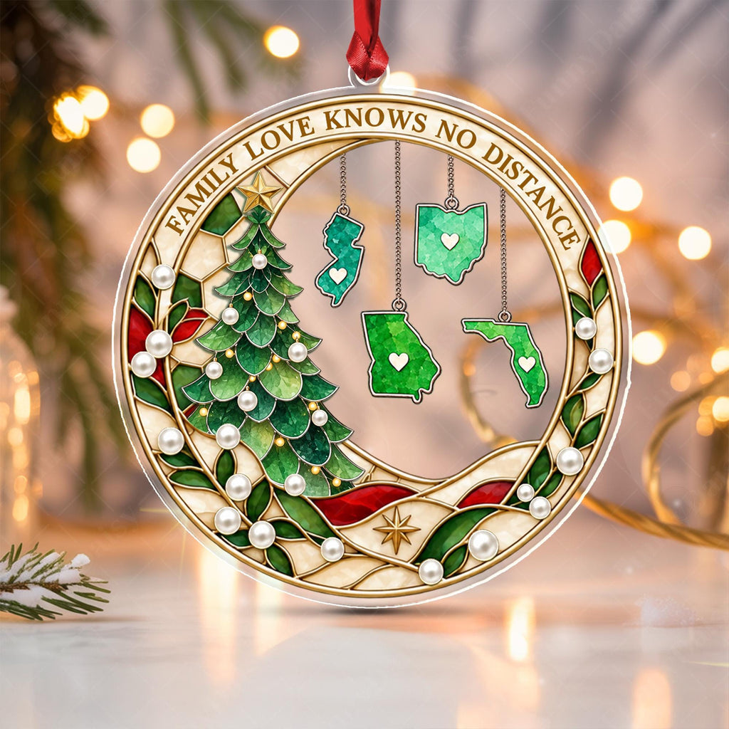 Personalized Family Christmas Ornament, Love Knows No Distance, State Hanging