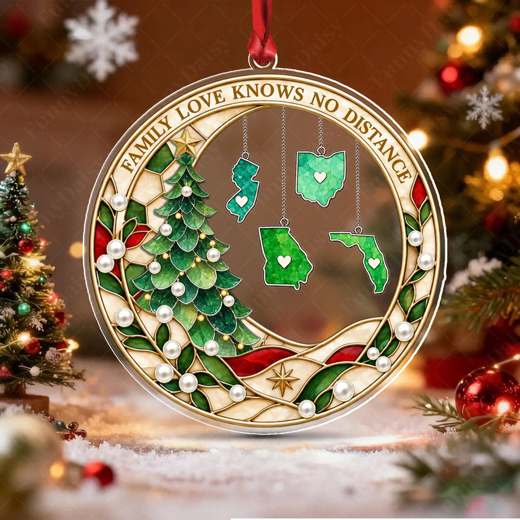 Personalized Family Christmas Ornament, Love Knows No Distance, State Hanging