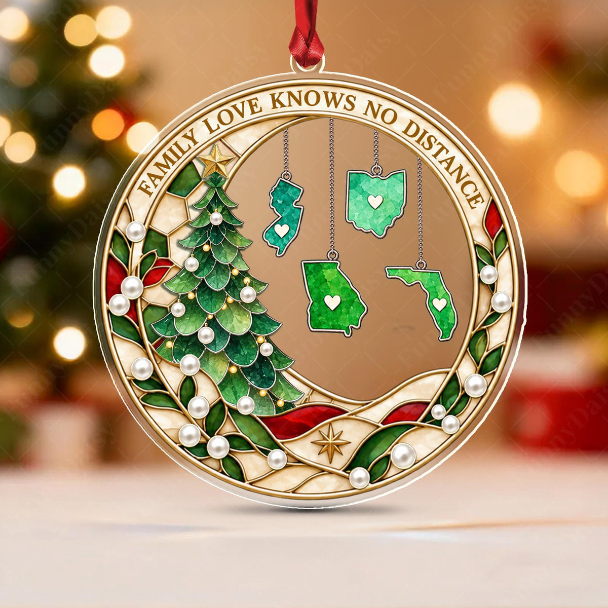 Personalized Family Christmas Ornament, Love Knows No Distance, State Hanging