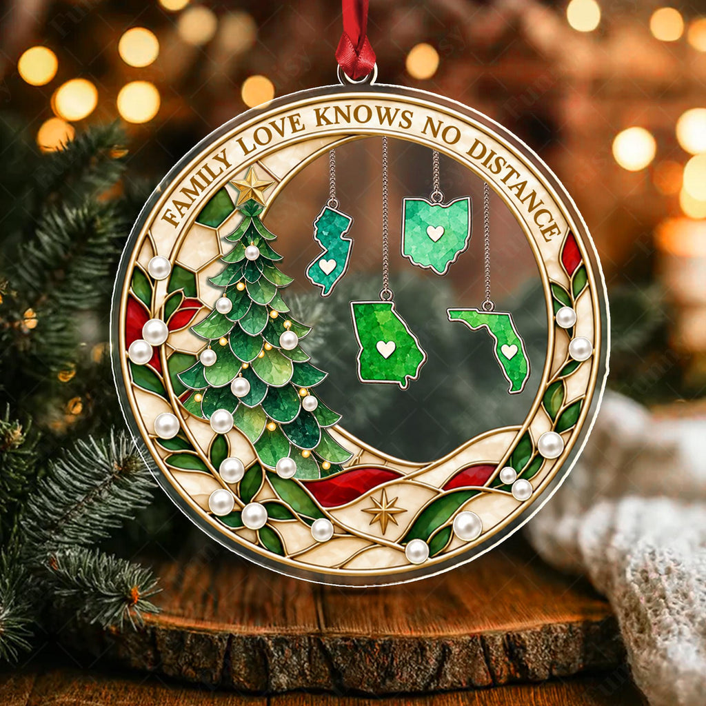 Personalized Family Christmas Ornament, Love Knows No Distance, State Hanging
