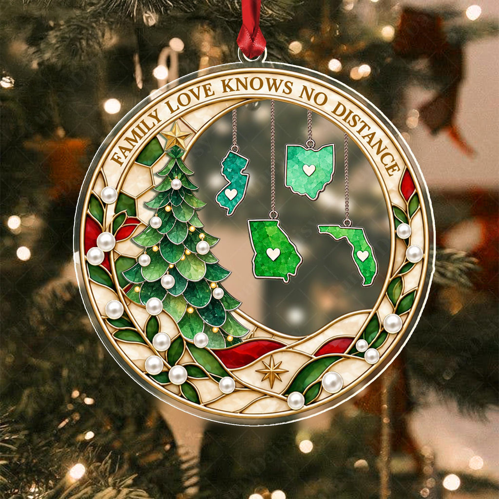 Personalized Family Christmas Ornament, Love Knows No Distance, State Hanging