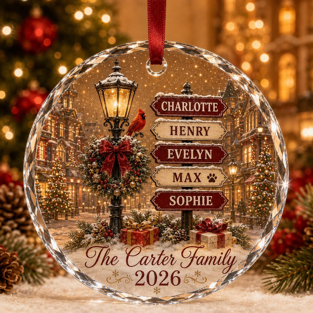 May include: A round, faceted glass Christmas ornament featuring a winter street scene with a lamppost, a red cardinal, and a signpost listing the names Charlotte, Henry, Evelyn, Max, and Sophie. It includes the text The Carter Family 2026.