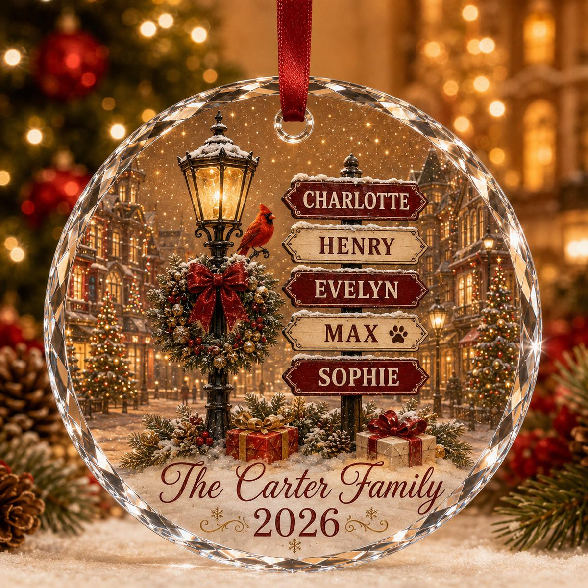 May include: A round, faceted glass Christmas ornament featuring a winter street scene with a lamppost, a red cardinal, and a signpost listing the names Charlotte, Henry, Evelyn, Max, and Sophie. It includes the text The Carter Family 2026.