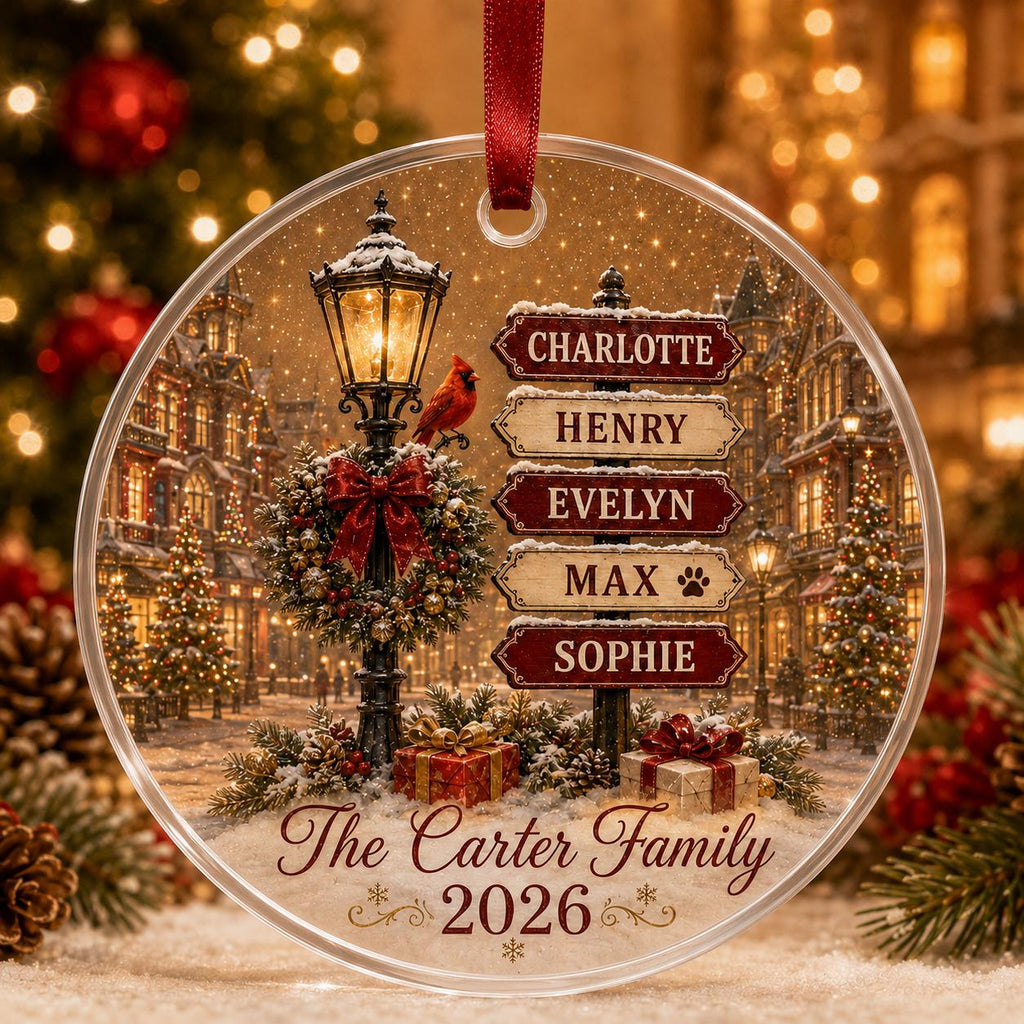 May include: A round, clear acrylic Christmas ornament featuring a festive street scene with a lamppost, a red cardinal, and a signpost listing the names Charlotte, Henry, Evelyn, Max, and Sophie. It includes the text The Carter Family 2026.