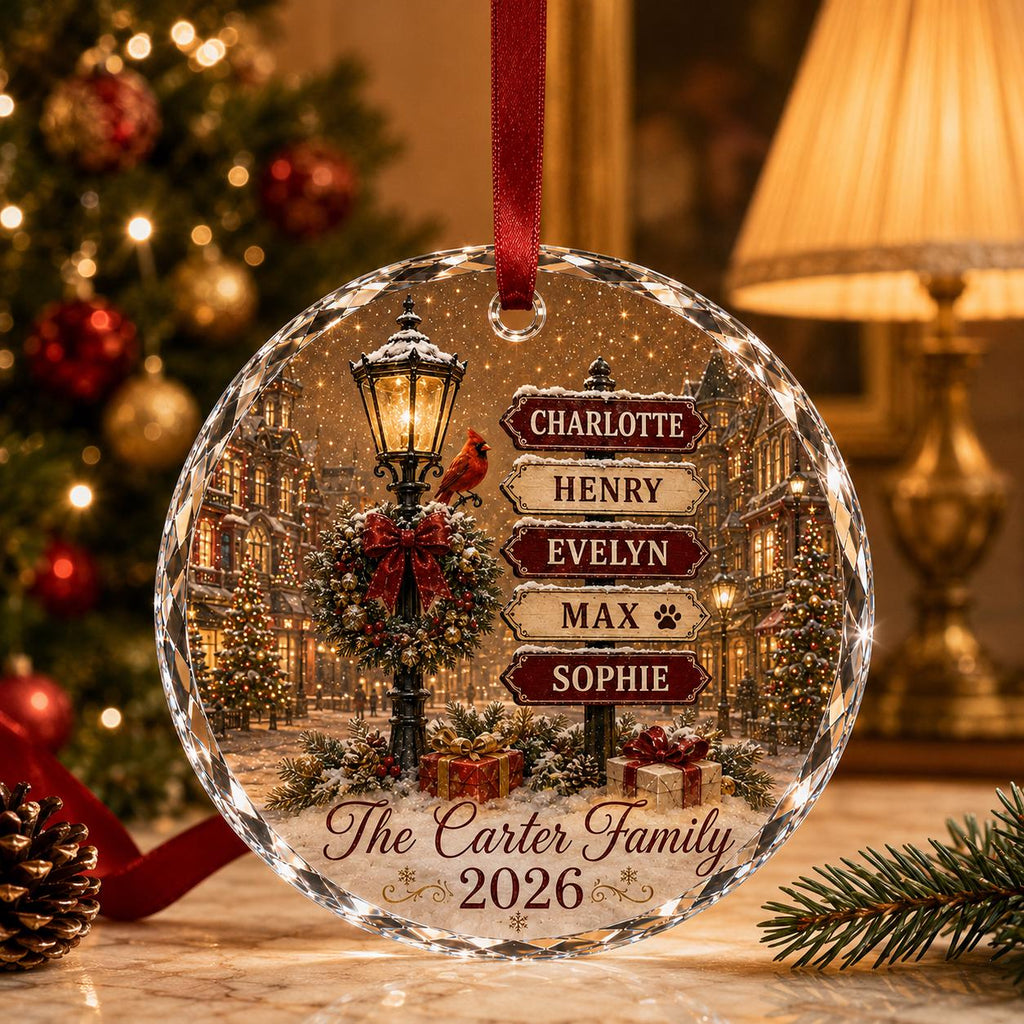 May include: A round, clear glass Christmas ornament featuring a winter street scene with a lamppost, a red cardinal, and a signpost listing the names Charlotte, Henry, Evelyn, Max, and Sophie. The text reads The Carter Family 2026.