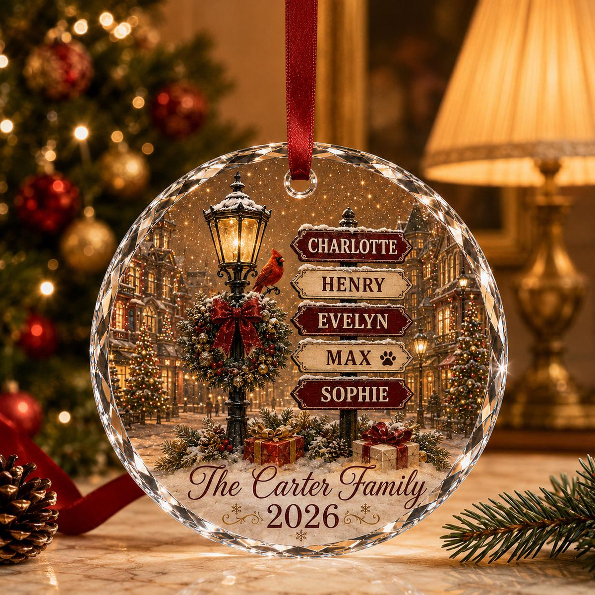 May include: A round, clear glass Christmas ornament featuring a winter street scene with a lamppost, a red cardinal, and a signpost listing the names Charlotte, Henry, Evelyn, Max, and Sophie. The text reads The Carter Family 2026.