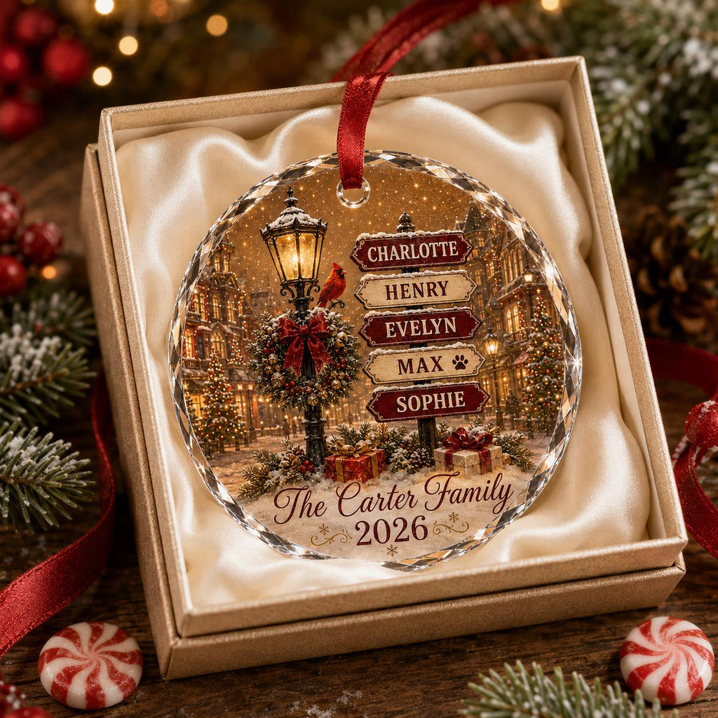 May include: A round glass Christmas ornament with a red ribbon, featuring a winter street scene with a lamppost, a cardinal, and a signpost listing the names Charlotte, Henry, Evelyn, Max, and Sophie, with The Carter Family 2026 printed below.