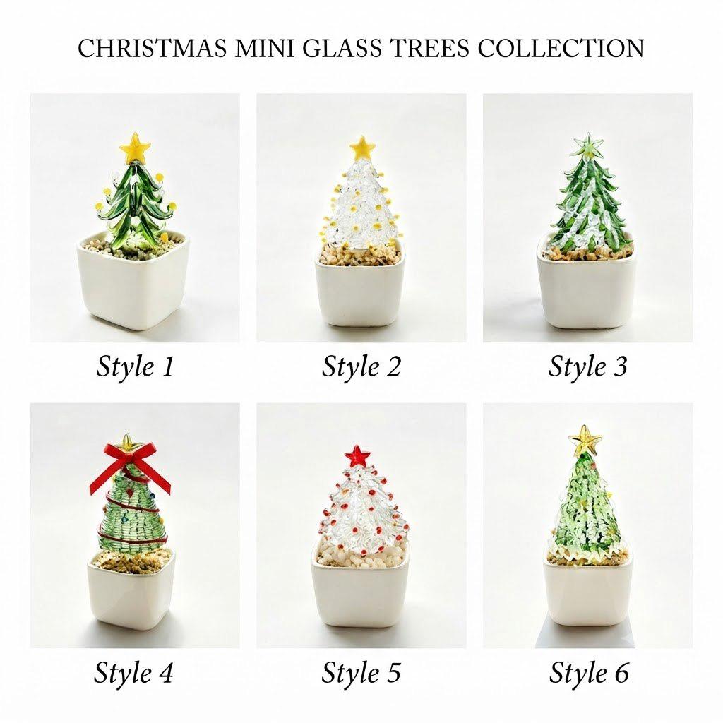 May include: CHRISTMAS MINI GLASS TREES COLLECTION. Six distinct glass Christmas tree figurines in white square pots filled with small stones. Styles include green and clear glass designs with yellow, red, or green star toppers and various bead accents.