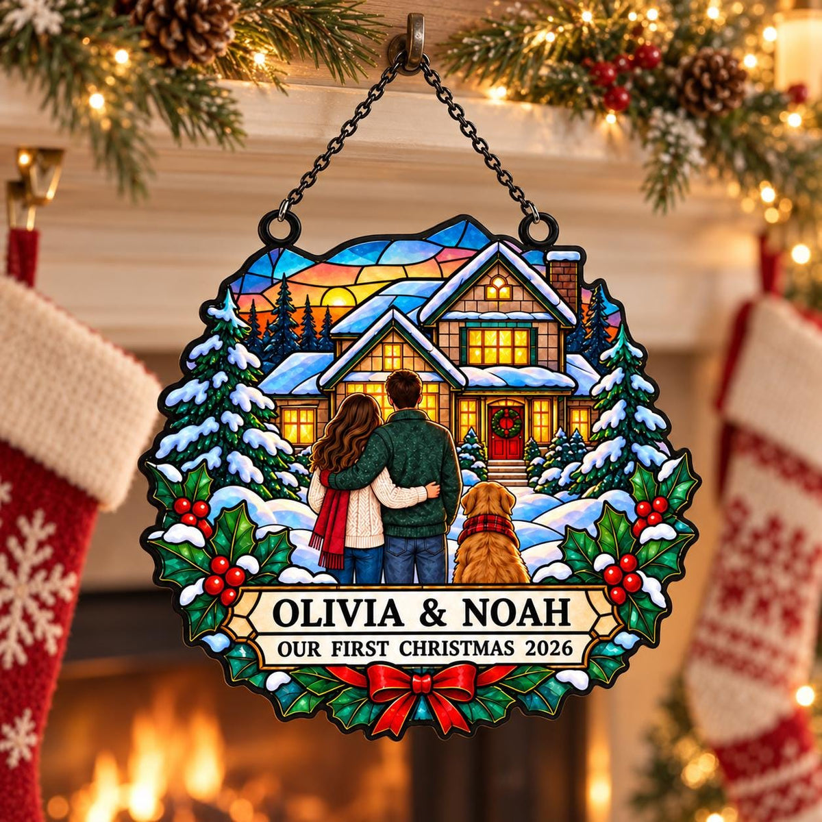 May include: A circular stained glass style ornament featuring a house in the snow with a couple and a dog. The text reads OLIVIA & NOAH OUR FIRST CHRISTMAS 2026. The design includes pine trees, holly berries, and a red bow, suspended by a black chain.