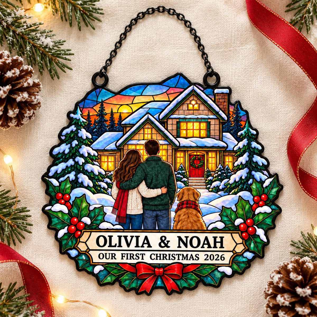 May include: A stained glass style hanging ornament featuring a couple and a golden retriever standing before a snow-covered house. The text reads OLIVIA & NOAH OUR FIRST CHRISTMAS 2026. The design includes pine trees, holly, and a red bow.
