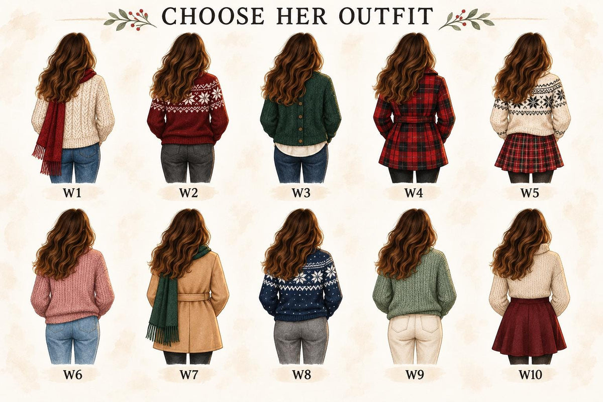 May include: A digital illustration titled CHOOSE HER OUTFIT featuring ten numbered options of a person with long brown hair seen from behind, wearing various winter clothing combinations including cable knit sweaters, plaid skirts, and coats.