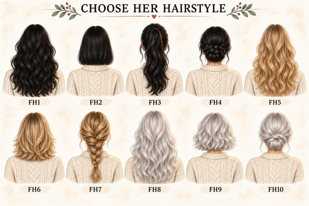 May include: A digital illustration titled CHOOSE HER HAIRSTYLE featuring ten different hair styles on figures wearing beige cable knit sweaters. The styles include long wavy, bob, ponytail, bun, and braided hair in black, blonde, and silver-grey colors.