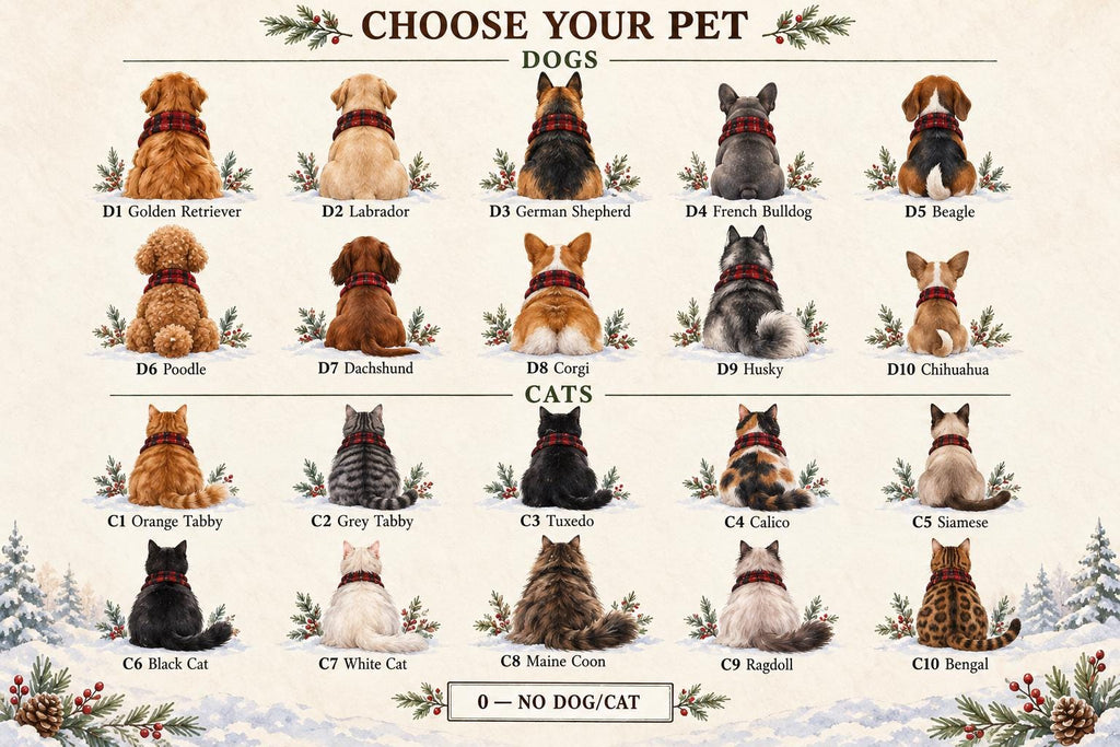 May include: A chart titled CHOOSE YOUR PET featuring illustrations of ten dog breeds and ten cat breeds viewed from behind. Each animal wears a red and black plaid scarf and is surrounded by pine branches. Labels D1-D10 and C1-C10 identify each pet.
