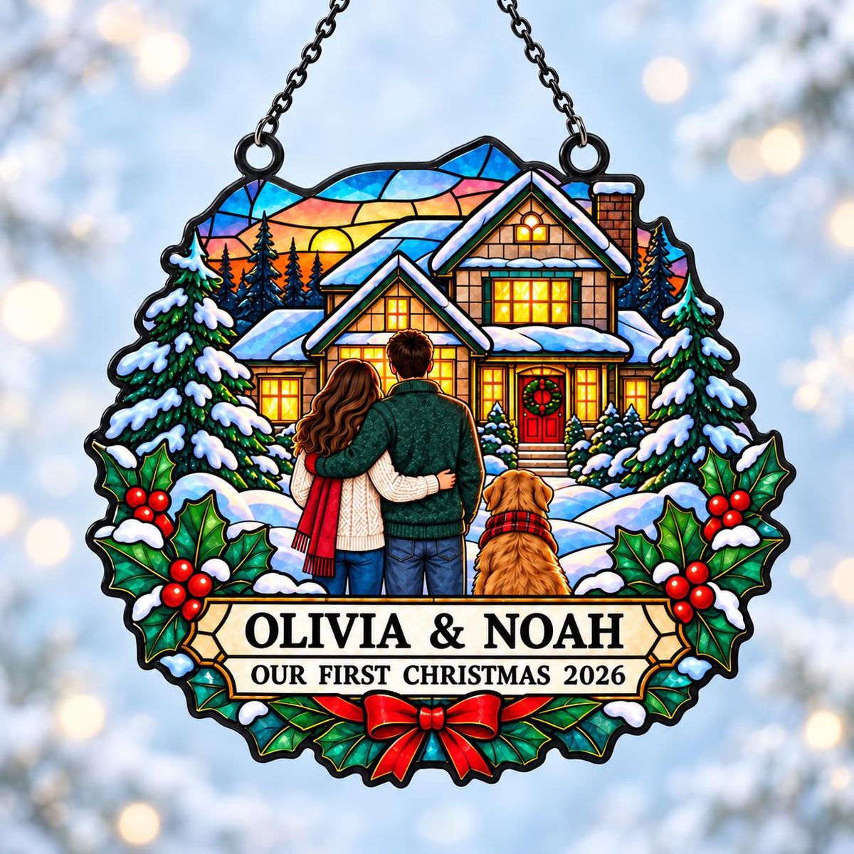 May include: A circular stained glass ornament featuring a couple and a golden retriever standing before a snow-covered house. The design includes holly leaves with red berries, a red bow, and a banner with the text OLIVIA & NOAH OUR FIRST CHRISTMAS 2026.