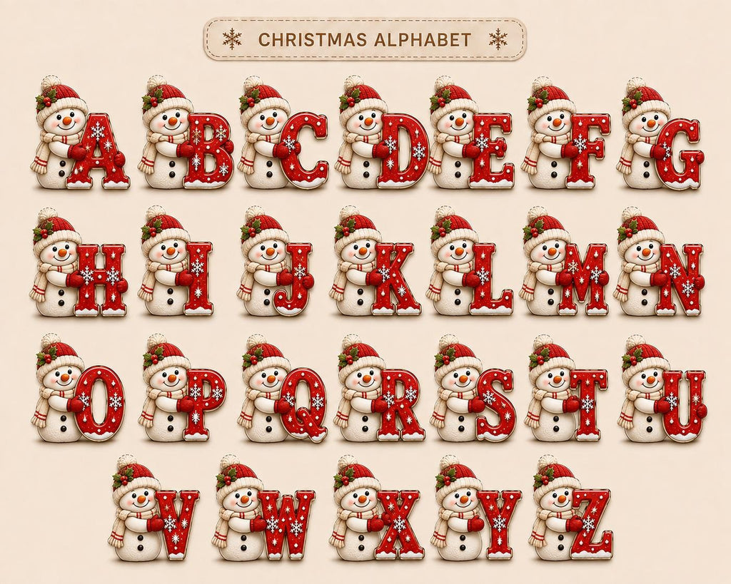 May include: A collection of twenty-six letters from A to Z, each paired with a snowman wearing a red hat and scarf. The letters are red with white snowflake patterns. The text CHRISTMAS ALPHABET is centered at the top in a decorative box.