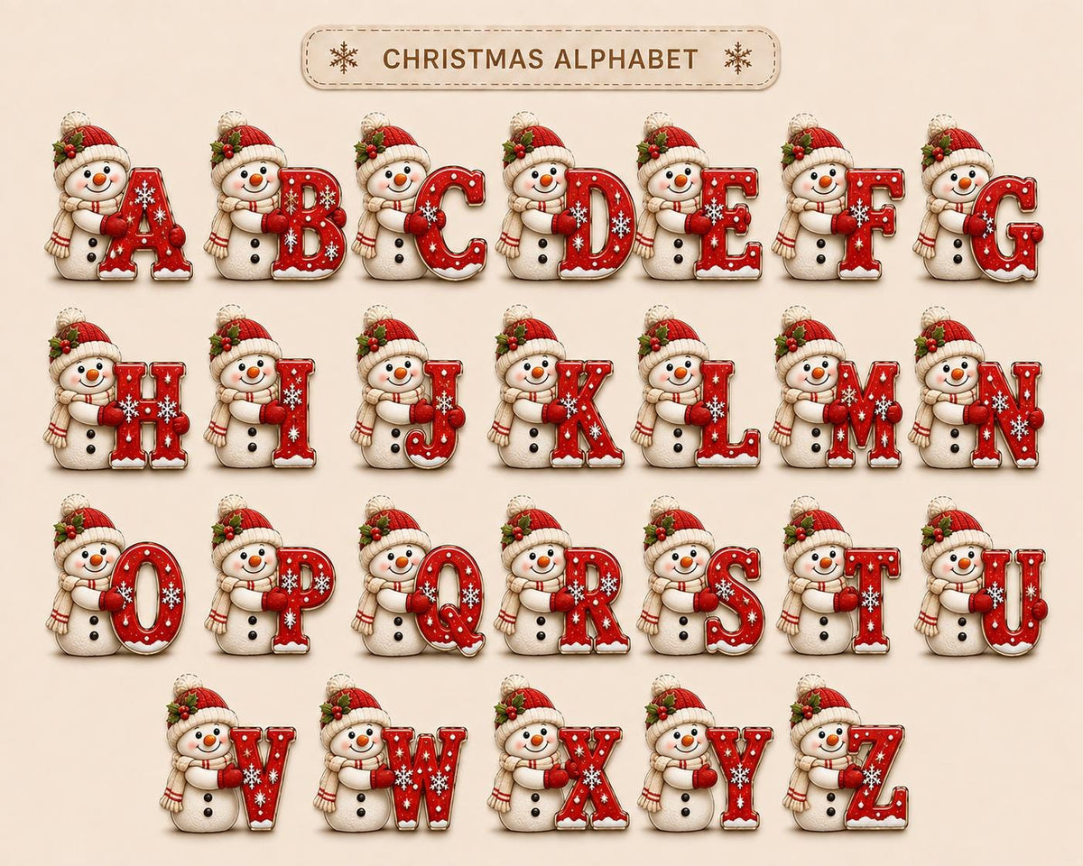 May include: A collection of twenty-six letters from A to Z, each paired with a snowman wearing a red hat and scarf. The letters are red with white snowflake patterns. The text CHRISTMAS ALPHABET is centered at the top in a decorative box.