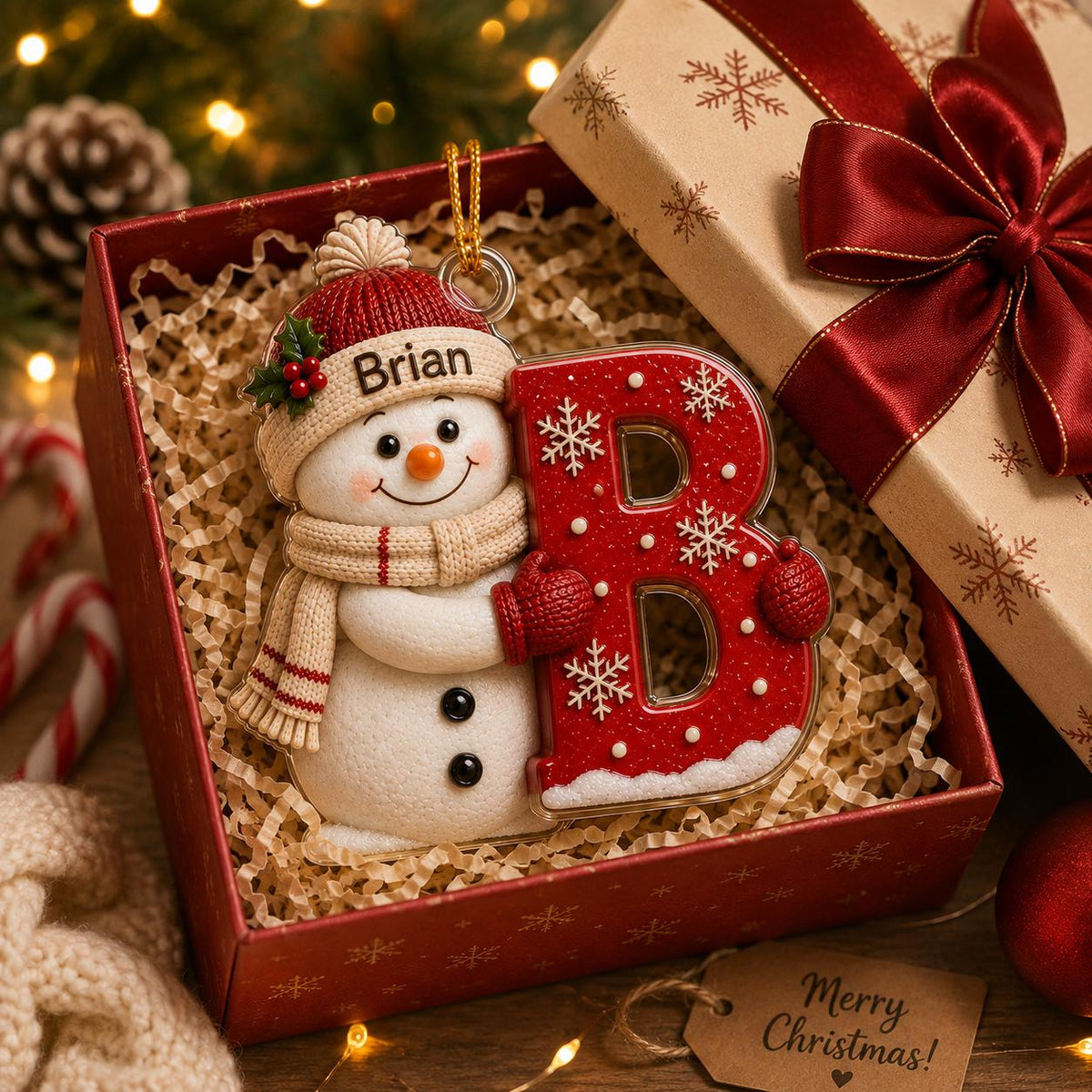 May include: A Christmas ornament featuring a white snowman wearing a red knit hat with the name Brian and a beige scarf, holding a large red letter B decorated with white snowflakes. The ornament is nestled inside a red gift box with paper filler.