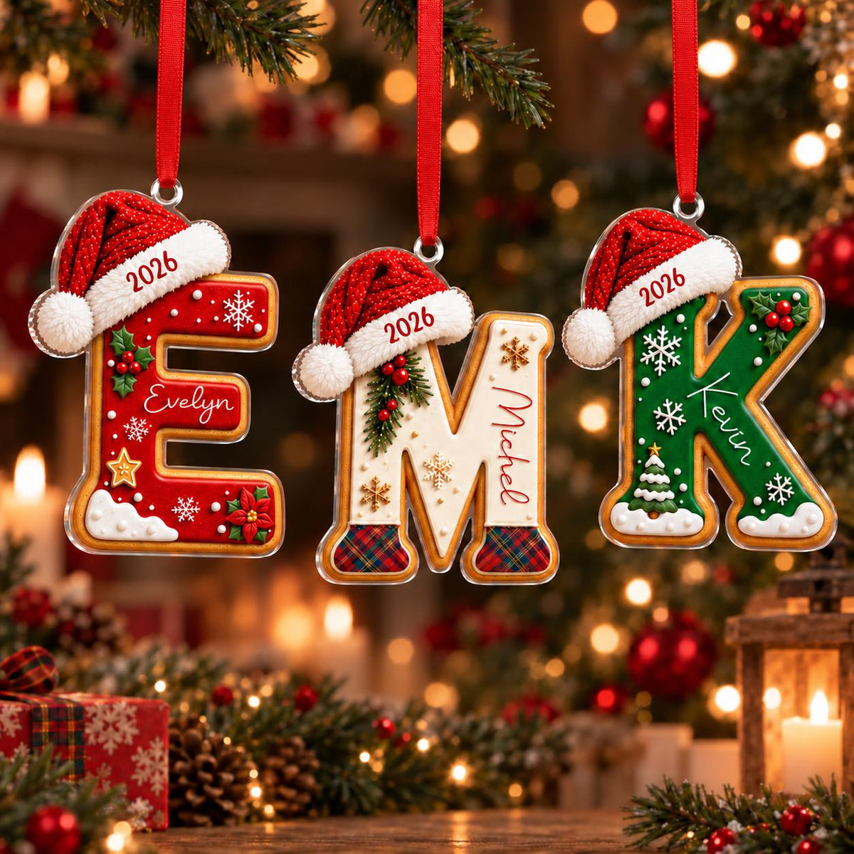 Personalized Gingerbread Initials Christmas Ornament, Kid Name Alphabet Letter Flat Acrylic Keepsake