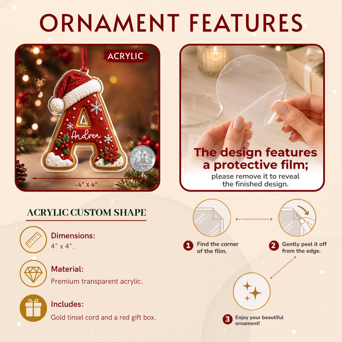 May include: A custom letter A acrylic ornament featuring a red gingerbread-style design with a Santa hat, white icing, and the name Andrea. The ornament measures 4 inches by 4 inches and includes a protective film that must be removed.