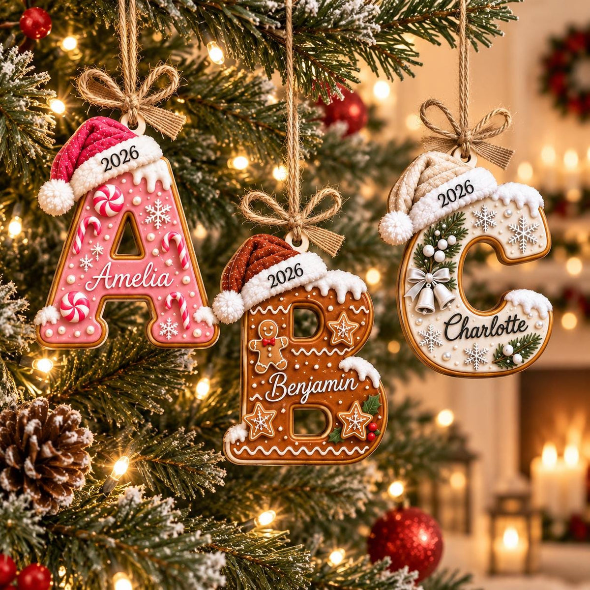 May include: Three gingerbread-style letter ornaments hanging from twine bows. The letter A is pink with candy canes, the letter B is brown with a gingerbread man, and the letter C is white with greenery. Each features a Santa hat and the year 2026.
