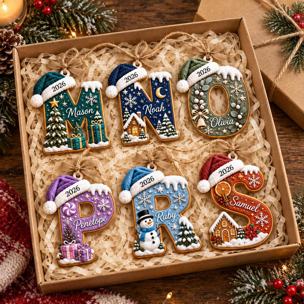 May include: Six decorative Christmas letter ornaments in a box, each featuring a colored Santa hat, the year 2026, and a unique name: Mason, Noah, Olivia, Penelope, Ruby, and Samuel. Each letter displays festive winter scenes and holiday motifs.